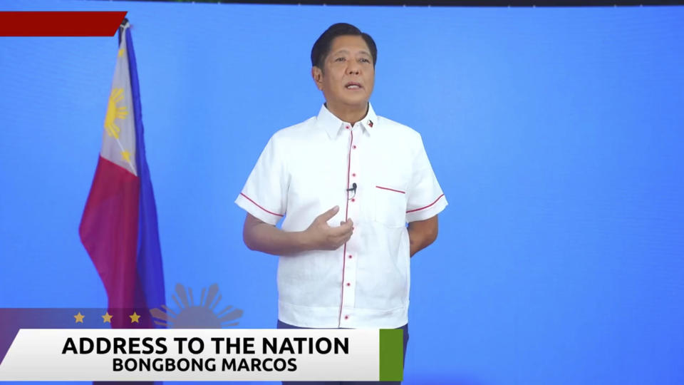 In this image from video posted on the Bongbong Marcos Facebook page, presidential candidate and former senator Ferdinand Marcos Jr. issues a statement to the media on Monday, May 9, 2022 in Manila, Philippines. The namesake son of late Philippine dictator Ferdinand Marcos appeared to have been elected Philippine president by a landslide in an astonishing reversal of the 1986 “People Power” pro-democracy revolt that booted his father into global infamy. (Bongbong Marcos Facebook page via AP)