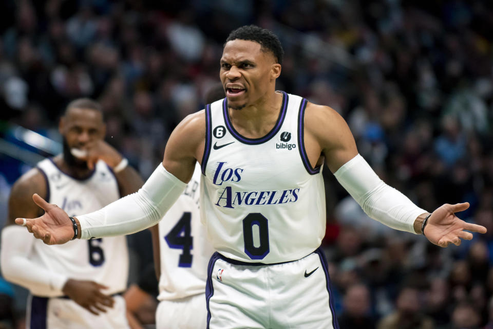 Los Angeles Lakers guard Russell Westbrook (0) questions the call after getting a technical foul in the second half of an NBA basketball game against the Dallas Mavericks in Dallas, Sunday, Dec. 25, 2022. (AP Photo/Emil T. Lippe)