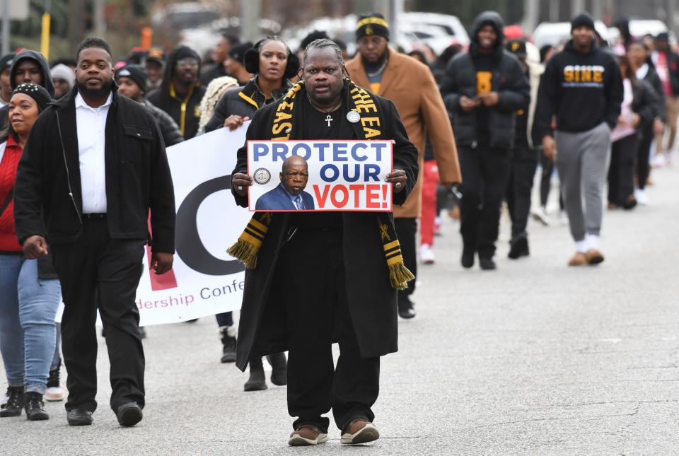 Jan 15, 2024; Tuscaloosa, AL, USA; Participants in the Unity March make their way along Greensboro Avenue during the annual commemoration of Martin Luther King Jr.’s birthday in Tuscaloosa.