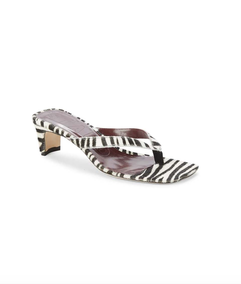 10) Audrey Zebra-Print Calf Hair Sandals