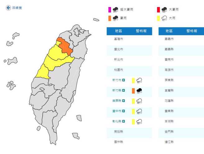 氣象局一早發布新竹縣等5縣市豪、大雨特報。(氣象局提供)