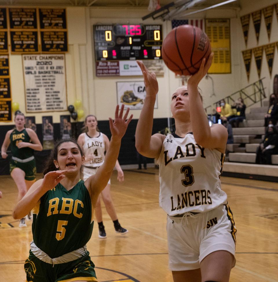 SJV Emma Bruen drives to the basket. Red Bank Catholic Girls Basketball vs St. John Vianney in Holmdel, NJ on February 20,2021. 