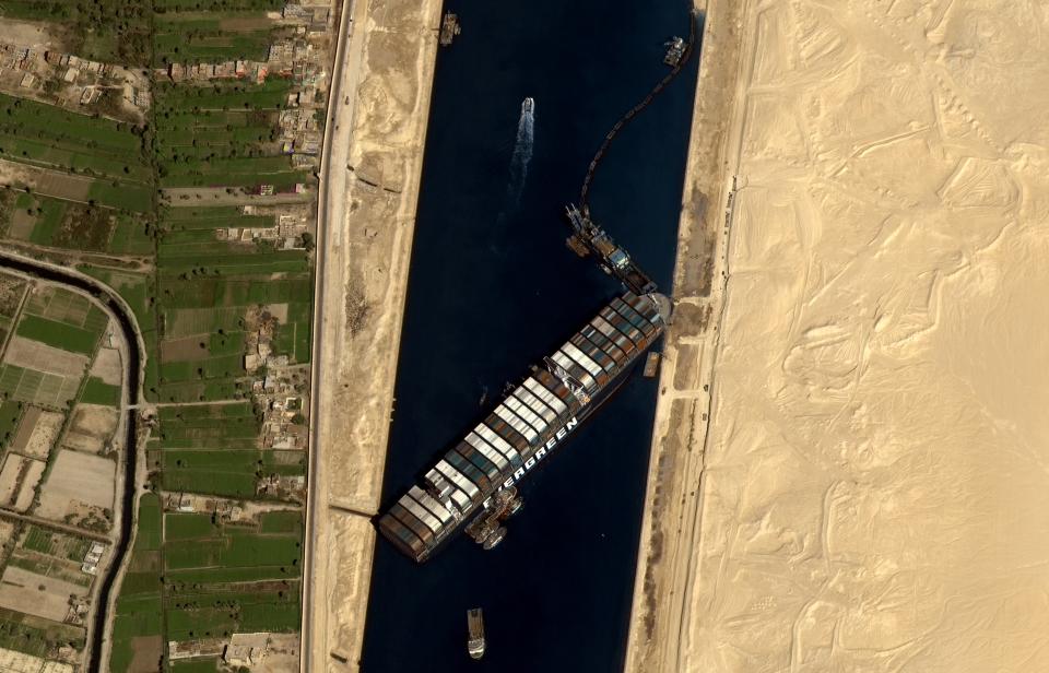 This satellite image shows the vessel stuck in the Suez Canal. (Photo: Gokturk-1 Observation Satellite/Anadolu Agency via Getty Images)