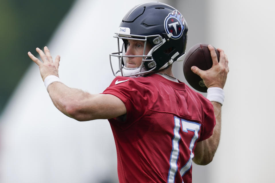 Tennessee Titans quarterback Ryan Tannehill (17) throws a pass during practice at the NFL football team's training facility Wednesday, June 7, 2023, in Nashville, Tenn. (AP Photo/George Walker IV)