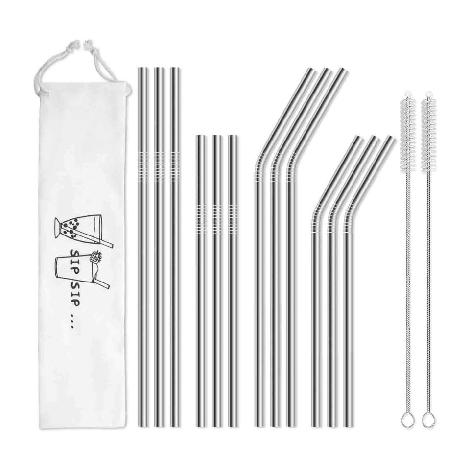 1) Hiware Reusable Stainless Steel Straws, 12-Pack