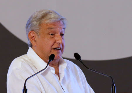 Leftist front-runner Andres Manuel Lopez Obrador, presidential candidate of the National Regeneration Movement (MORENA), addresses the audience during the Mexican Banking Association's annual convention in Acapulco, Mexico March 9, 2018. REUTERS/Henry Romero