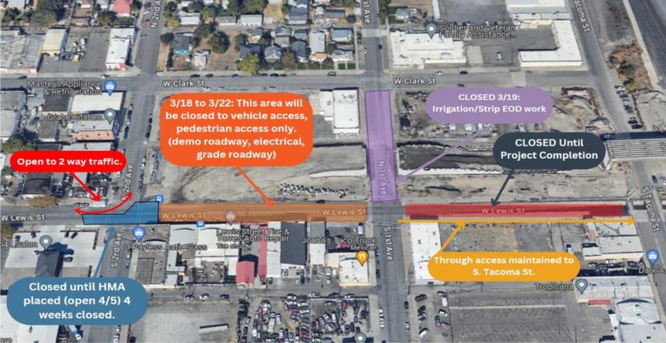 This map provided by the City of Pasco shows downtown roadway closures caused by the ongoing Lewis Street overpass project. On Feb. 26, the city closed five blocks of Lewis Street for two months to realign the roadway from the closed underpass onto the new overpass. Courtesy City of Pasco