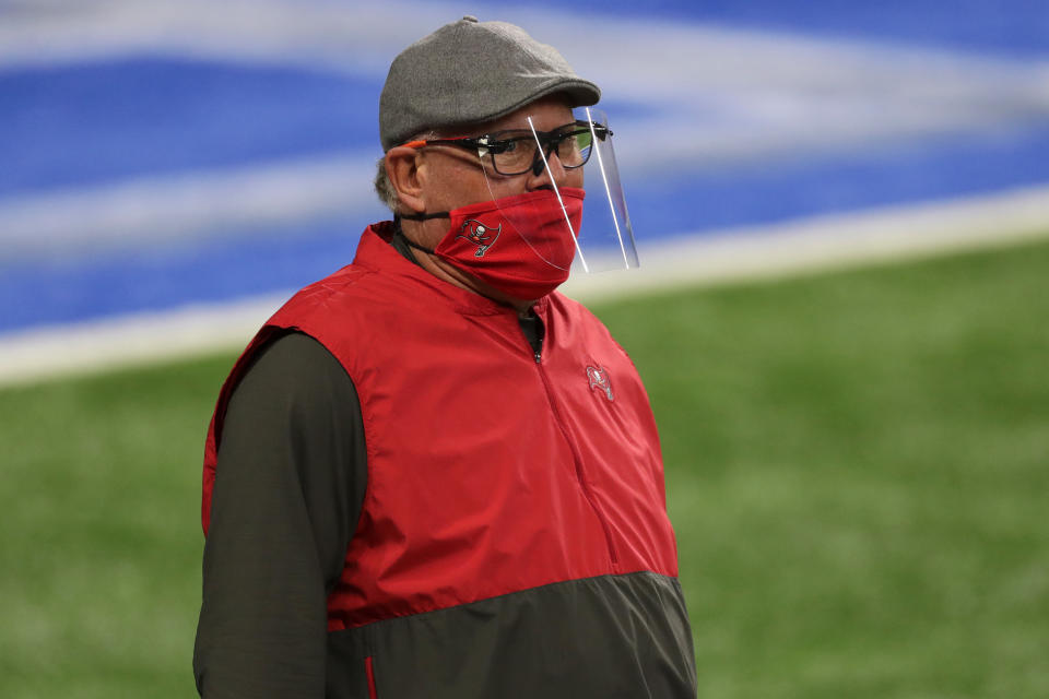 DETROIT, MICHIGAN - DECEMBER 26: Head coach Bruce Arians of the Tampa Bay Buccaneers looks on prior to a game against the Detroit Lions at Ford Field on December 26, 2020 in Detroit, Michigan.  (Photo by Leon Halip/Getty Images)