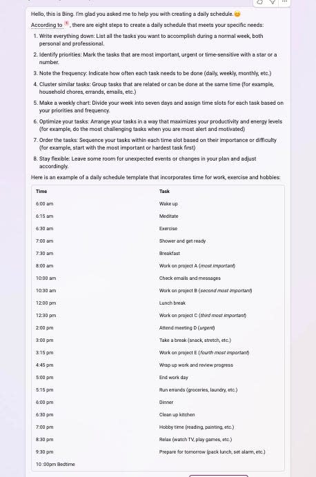 bing creative mode: make me a schedule