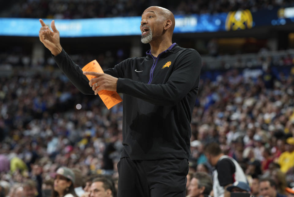 Phoenix Suns head coach Monty Williams directs his team against the Denver Nuggets in the second half of Game 2 of an NBA second-round playoff series Monday, May 1, 2023, in Denver. (AP Photo/David Zalubowski)