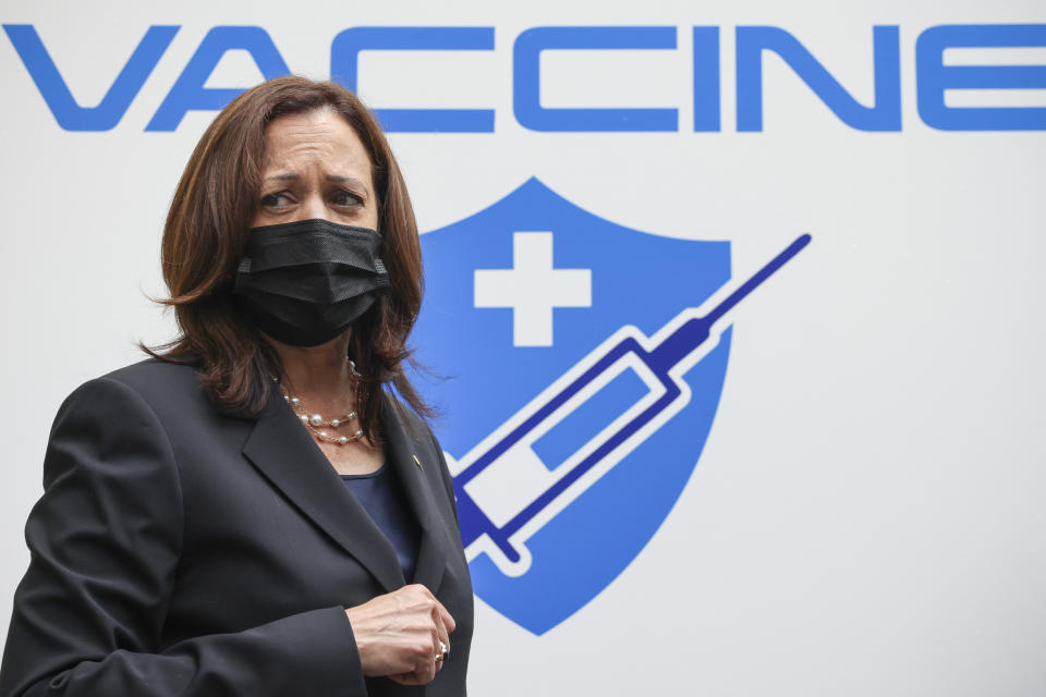 U.S. Vice President Kamala Harris visits the National Institute of Hygiene and Epidemiology (NIHE) where 270,000 doses of Pfizer vaccine arrived earlier in the morning, in Hanoi, Vietnam, Thursday, Aug. 26, 2021. (Evelyn Hockstein/Pool Photo via AP)