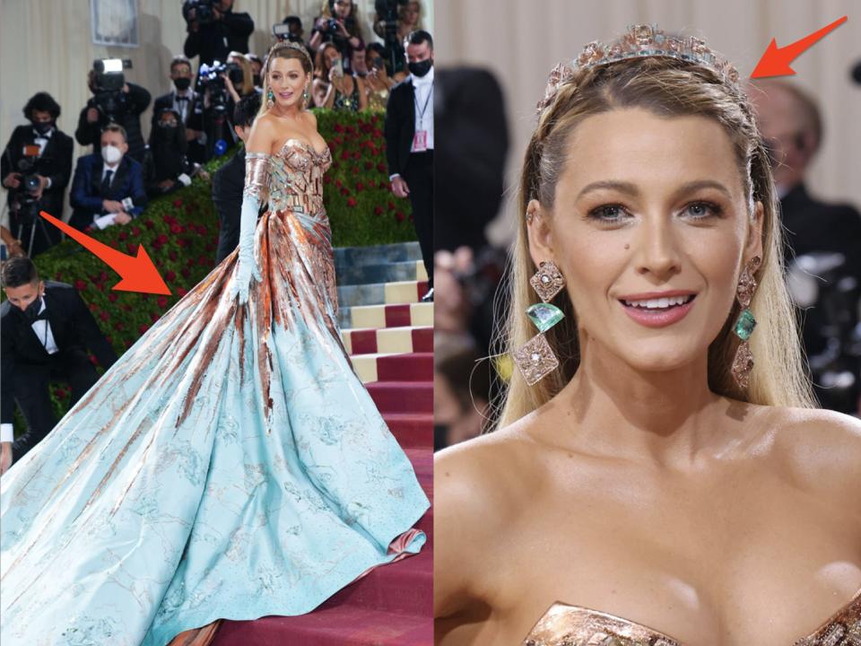 On the left, Black Lively in blue met gala gown. On the right, close up of Blake Lively at met gala with crown