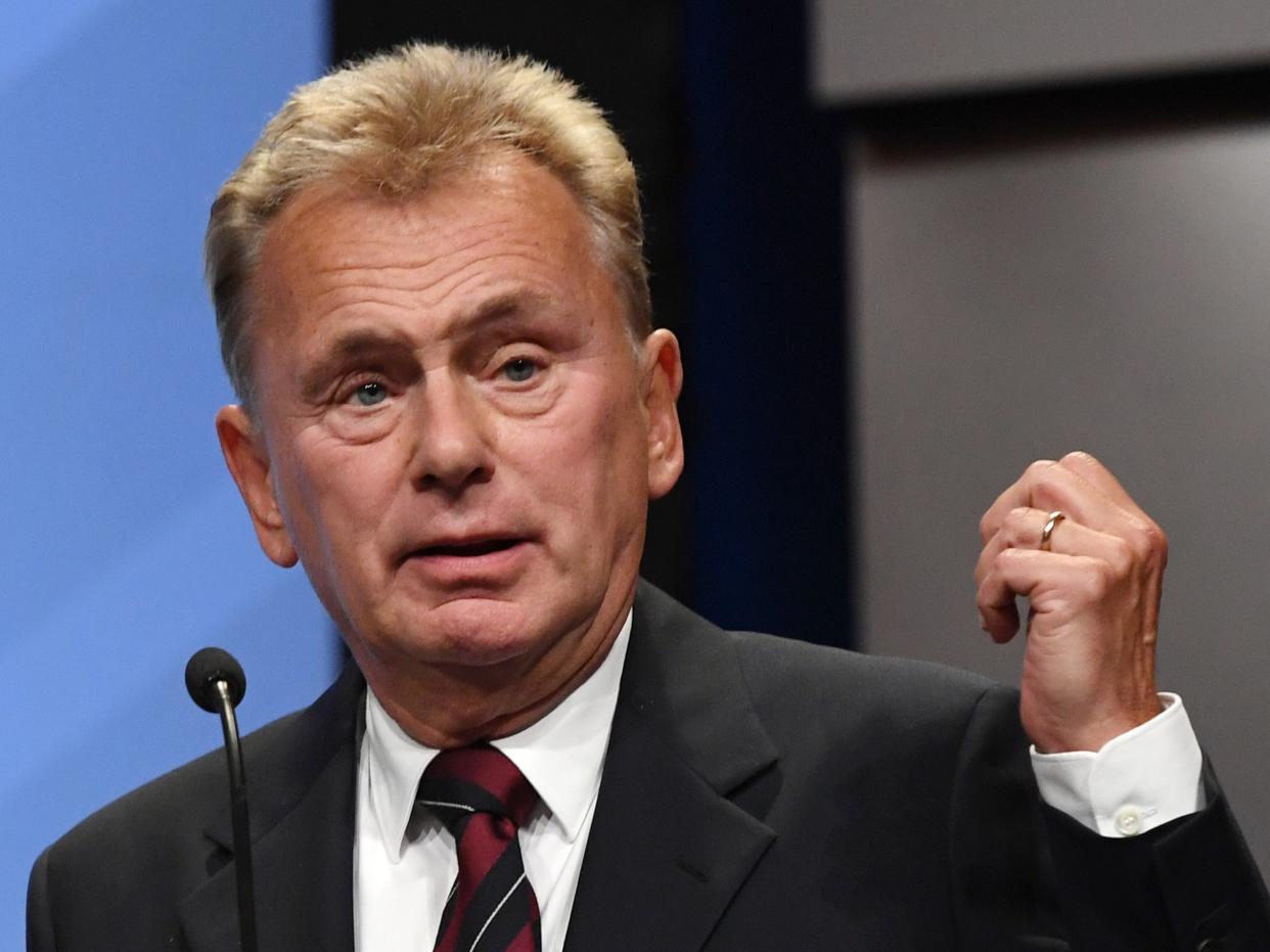 <p>‘Wheel of Fortune’ host Pat Sajak speaks as he is inducted into the National Association of Broadcasters Broadcasting Hall of Fame</p> (Getty Images)