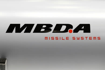 FILE PHOTO: The logo of MBDA Missile Systems is seen at Euronaval, the world naval defence exhibition in Le Bourget near Paris, France, October 23, 2018. REUTERS/Benoit Tessier/File Photo