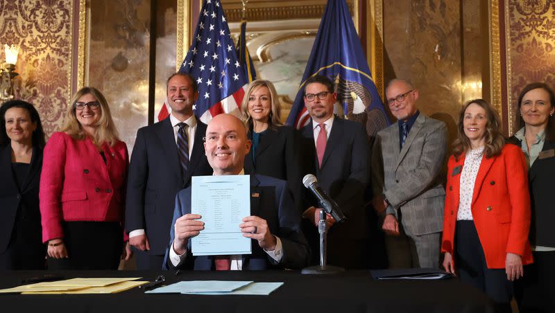 Gov. Spencer Cox poses for a photo after signing HB311, Social Media Usage Amendments, at the Capitol in Salt Lake City on Thursday, March 23, 2023.