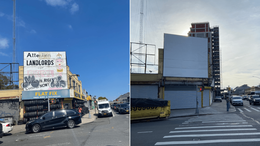 A billboard featuring a pink dinosaur named Sherita was covered up in Bed-Stuy. (Left: Spike Einbinder; Right: PIX11 News)