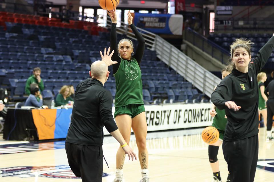 Emma Utterback takes a jumper before the University of Vermont women's basketball team takes on UConn in the opening round of the NCAA Tournament on March 17, 2023.