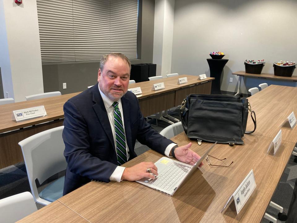 Darren Gore poses for a photo on May 10 prior to interviewing for the Murfreesboro city manager job, which was offered to him by the Murfreesboro City Council during a meeting at the Murfreesboro Airport Business Center.