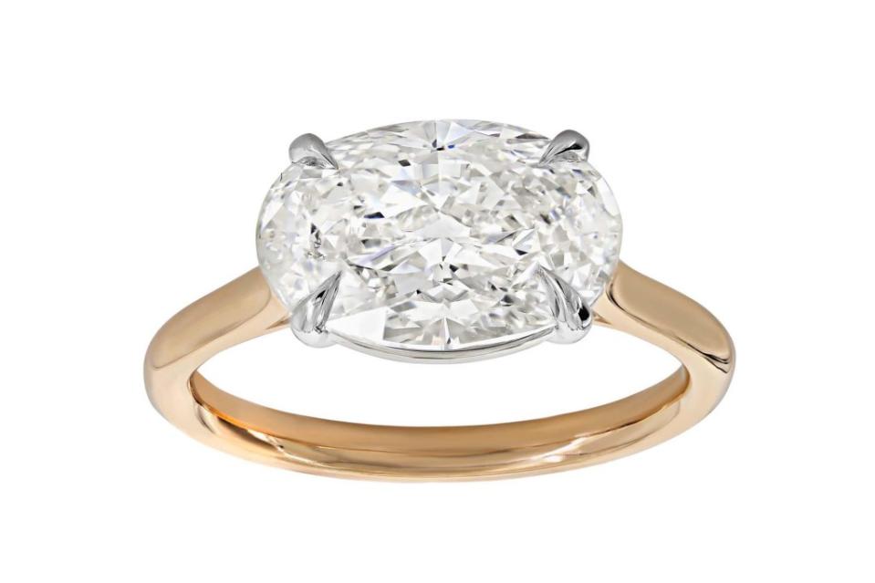 Two by London <a href="https://www.londonjewelers.com/two-by-london-18k-rose-gold-and-platinum-oval-shape-solitaire-engagement-ring-mounting" rel="nofollow noopener" target="_blank" data-ylk="slk:ring in 18-k rose gold and platinum with diamond;elm:context_link;itc:0;sec:content-canvas" class="link ">ring in 18-k rose gold and platinum with diamond</a>, $3,435 at London Jewelers