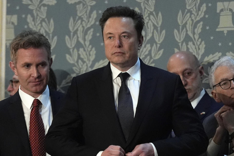 FILE - Elon Musk arrives before a joint meeting of Congress at the Capitol in Washington, July 24, 2024. The secretaries of state from Michigan, Minnesota, New Mexico, Pennsylvania and Washington are urging Elon Musk to fix an AI chatbot on his social media platform X, saying in a letter Monday, August. 5, 2024, that it has spread election misinformation. (AP Photo/Julia Nikhinson, File)