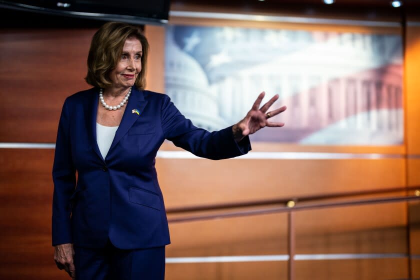 WASHINGTON, DC - JULY 29: Speaker of the House Nancy Pelosi (D-CA) prepares to depart from her weekly press conference on Capitol Hill on Friday, July 29, 2022 in Washington, DC. Speaker Pelosi is expected to depart for Asia later today, beginning a diplomatic trip to visit several allied Asian countries. (Kent Nishimura / Los Angeles Times)