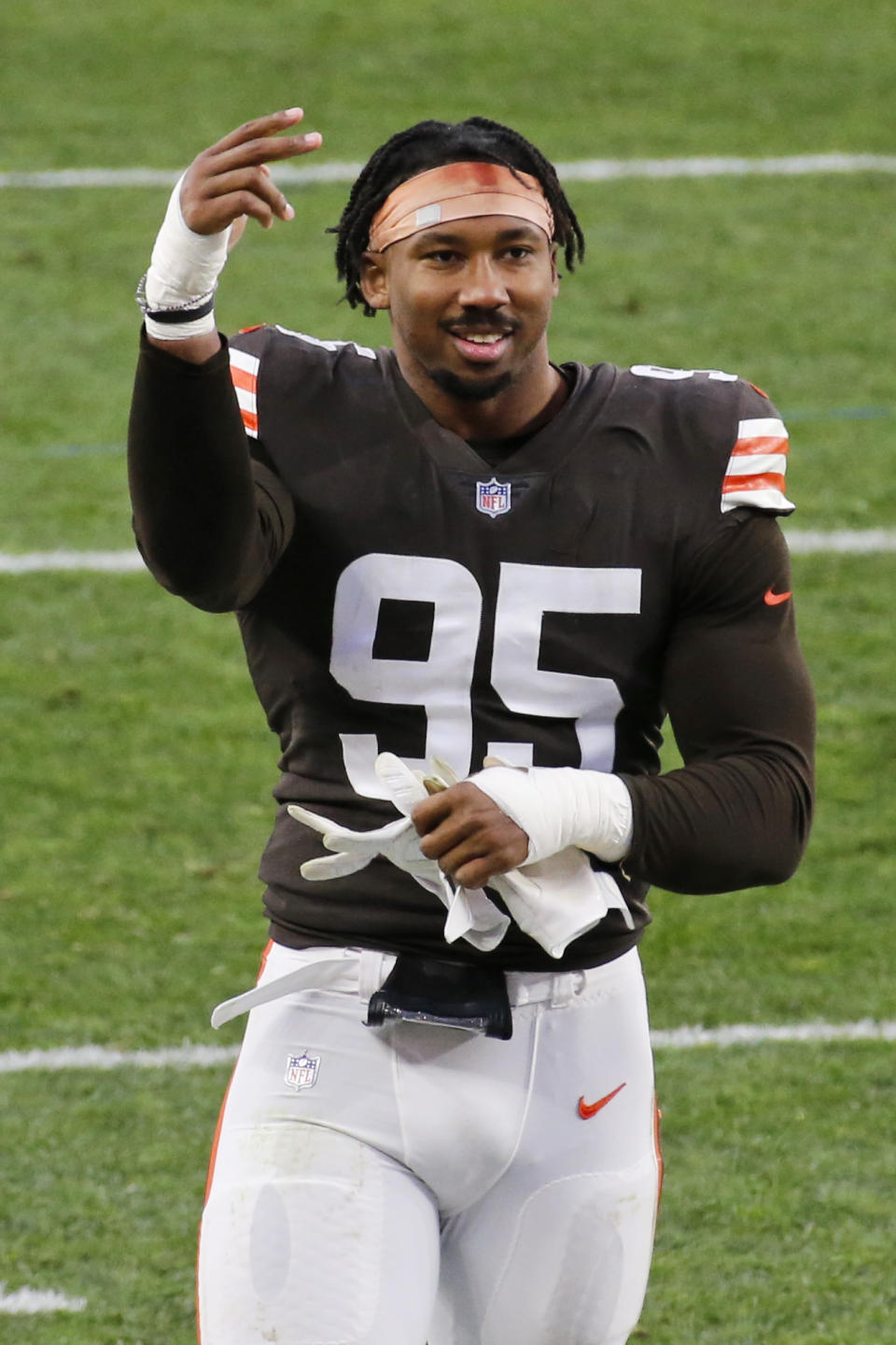 Cleveland Browns defensive end Myles Garrett celebrates after the Browns defeated the Houston Texans in an NFL football game, Sunday, Nov. 15, 2020, in Cleveland. (AP Photo/Ron Schwane)