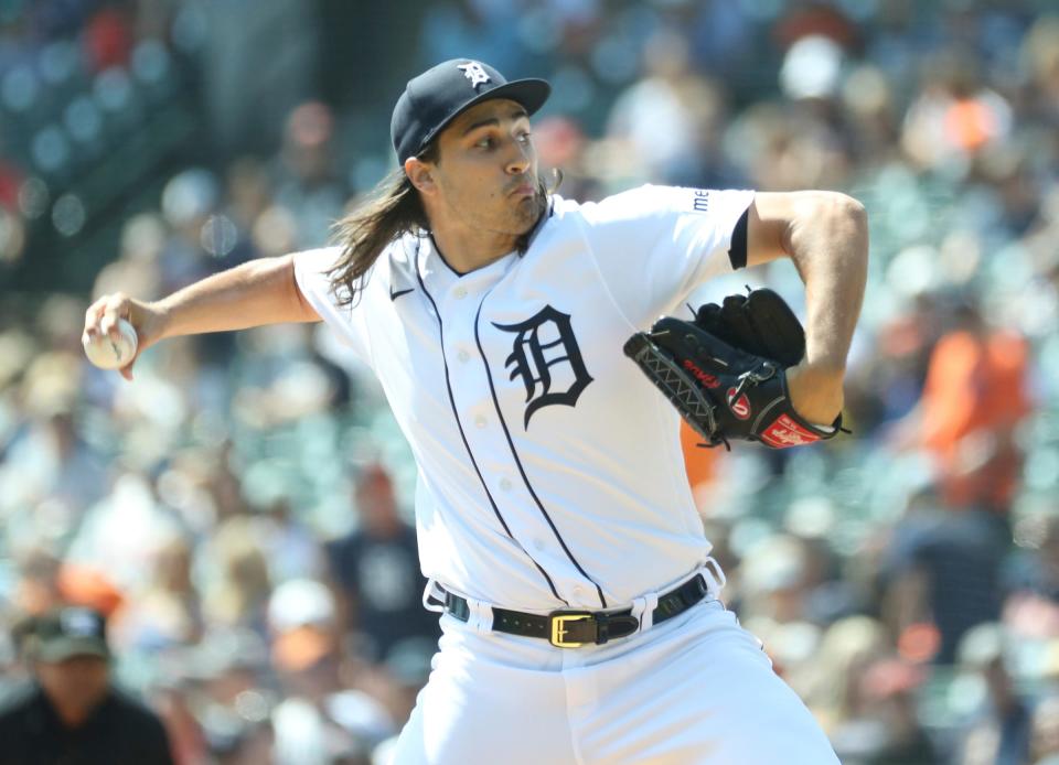 Detroit Tigers starter Alex Faedo (49) pitches against the Houston Astros during first-inning action at Comerica Park in Detroit on Sunday, Aug. 27, 2023.