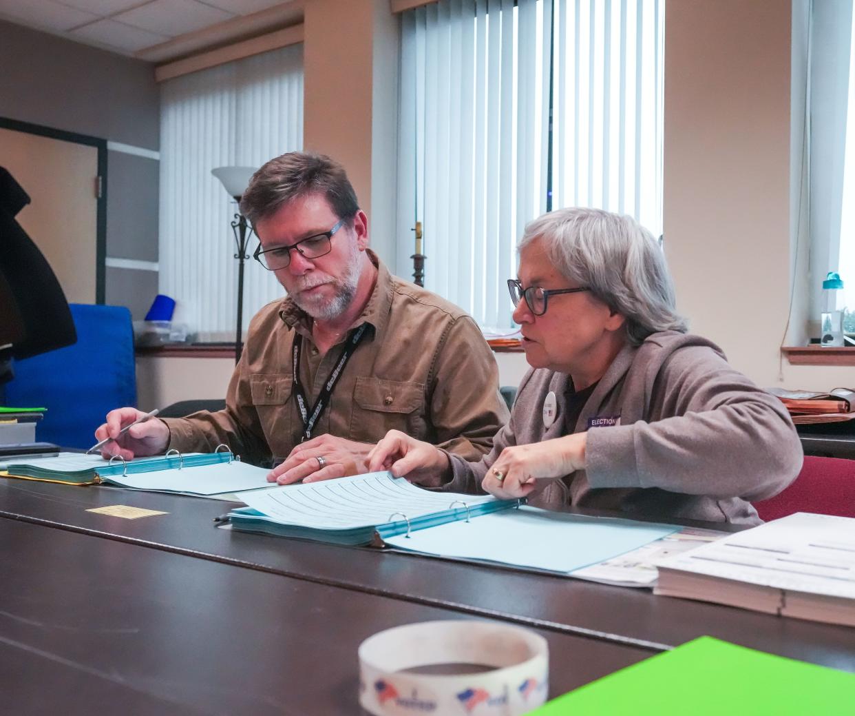 Poll workers Ron Young and Charlene Olsen assist a voter at the city of Waukesha Parks, Recreation and Forestry Building polling station on April 2. In addition to local races, voters everywhere weighed in on two statewide referendum questions that asked about private funding in election administration and the role of election officials.