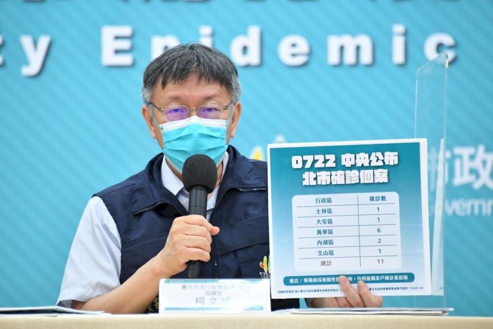 台北市長柯文哲22日表示，為避免家戶感染，23日起，所有居家隔離者都必須入住旅館，不能留在家中。(北市府提供)