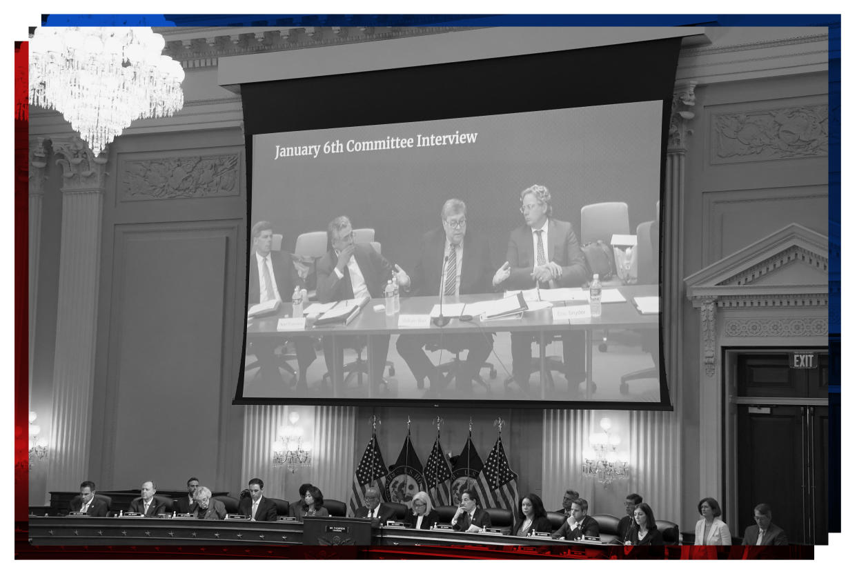 Bill Barr is shown on a video screen above members of the select committee.