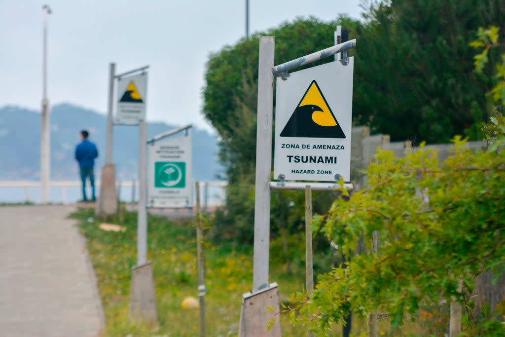 Signs in Dichato, Chile, 519kms (322 miles) south of Santiago de Chile, on February 24, 2020, direct resident to tsunami evacuation route (AFP via Getty Images)