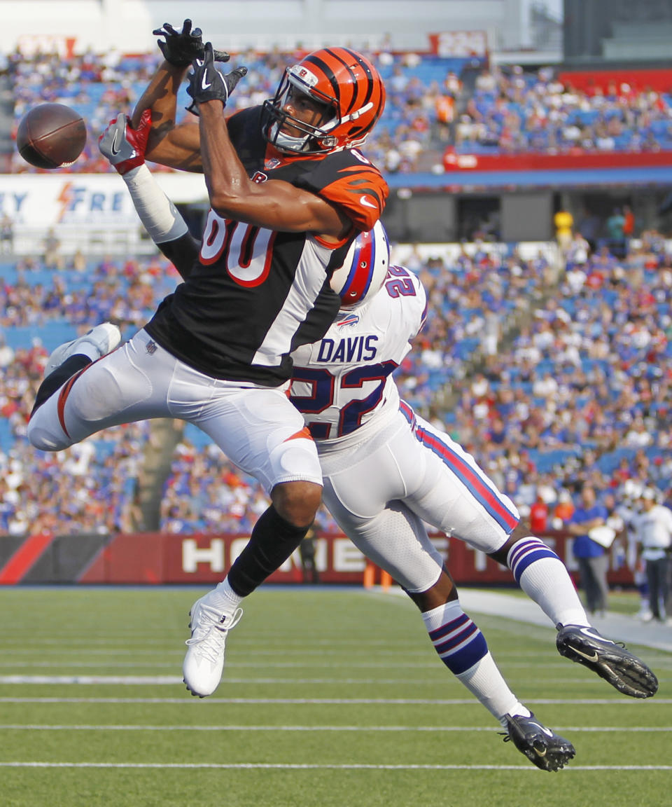 Buffalo Bills' Vontae Davis (22) breaks up a pass to Cincinnati Bengals' Josh Malone (80) during the second half of a preseason NFL football game Sunday, Aug. 26, 2018, in Orchard Park, N.Y. (AP Photo/Jeffrey T. Barnes)