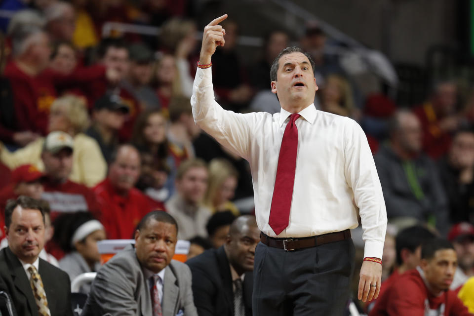 Iowa State coach Steve Prohm directs his team against Florida A&M during the first half of an NCAA college basketball game Tuesday, Dec. 31, 2019, in Ames, Iowa. (AP Photo/Matthew Putney)