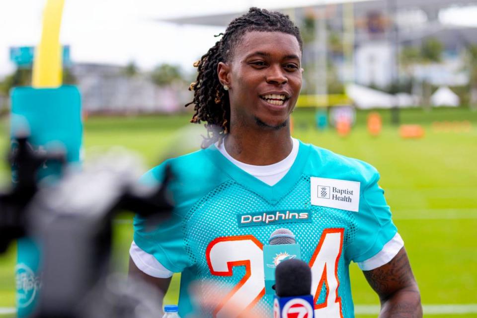 Rookie cornerback Cam Smith (24) speaks to the media during the 2023 Miami Dolphins Rookie Minicamp at Baptist Health Training Complex in Miami Gardens, Florida, on Friday, May 12, 2023.