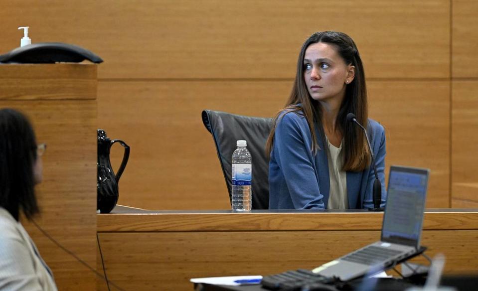 Ashley Benefield took the witness stand on the fourth day of her trial for the second-degree murder of her husband, Doug Benefield, in 2020 at the Manatee County Judicial Center, July 26, 2024.