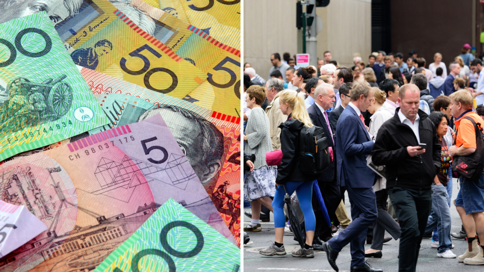 Composite image of Australian money, and pedestrians on a busy street, amid recession fears.