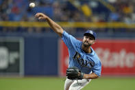 Tampa Bay Rays relief pitcher J.P. Feyereisen delivers to the Boston Red Sox during the ninth inning of a baseball game Thursday, June 24, 2021, in St. Petersburg, Fla. (AP Photo/Chris O'Meara)