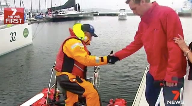 He was given a deserving helping hand off his boat on arrival.