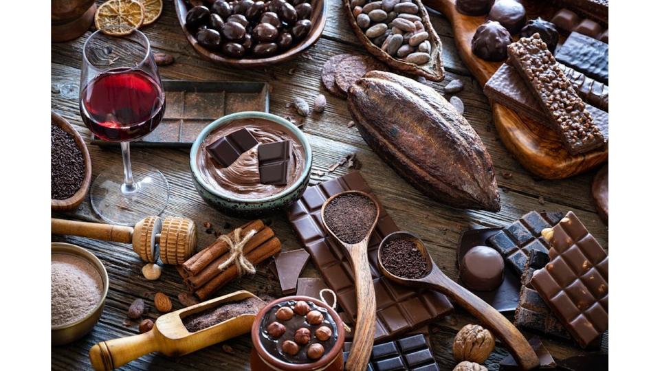 wine and chocolate on table