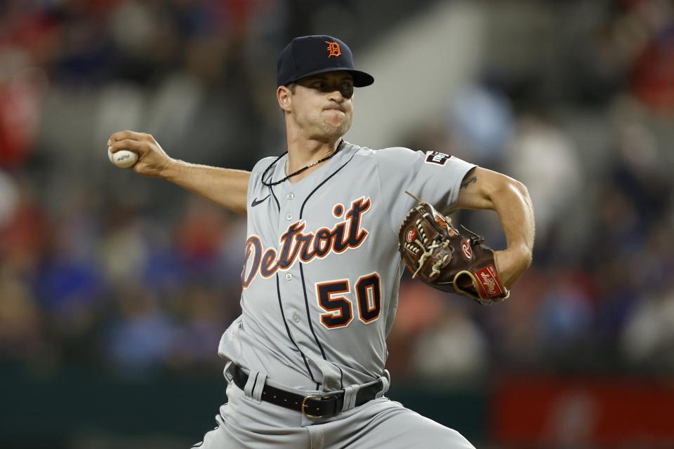 Garrett Hill #50 of the Detroit Tigers pitches in the sixth inning against the Texas Rangers at Globe Life Field on June 28, 2023 in Arlington, Texas.
