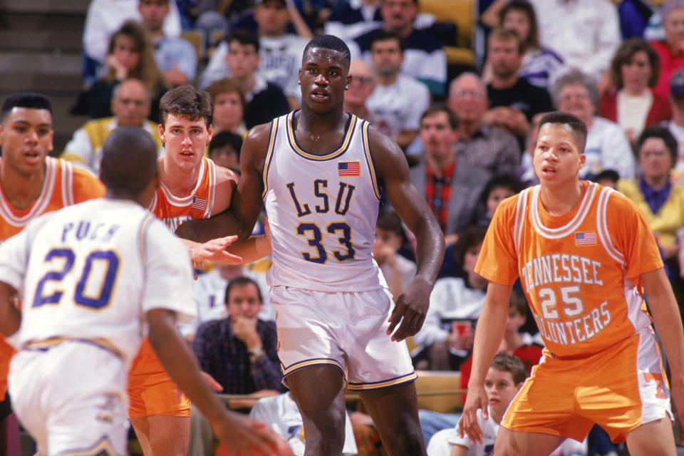 Shaquille O'Neal of the Louisiana State University Tigers eyes the ball carrier as he battles for position during a NCAA game against he University of Tennessee's Volunteers in 1992 at Pete Maravich Assembly Center in Baton Rouge, Louisiana. (Getty Images)