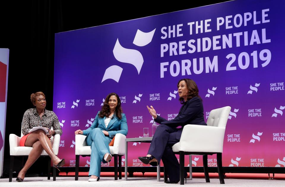 Moderator Joy Reid and She the People founder Aimee Allison listen as Democratic presidental candidate Sen. Kamala Harris, D-Calif., answers questions during a presidential forum held by She The People on the Texas State University campus Wednesday, April 24, 2019, in Houston. (AP Photo/Michael Wyke)