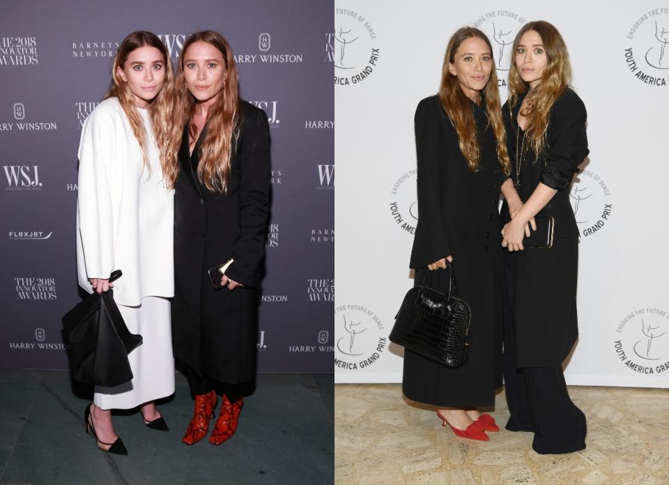 Mary-Kate y Ashley Olsen siguen posando igual que cuando eran niñas. Las gemelas se sitúan ligeramente ladeadas y de frente la una a la otra. "Se mantienen juntas para demostrar que son una unidad en lugar de individuos", explicó la doctora Glass a Us Weekly. (Foto: Bennett Raglin / Dimitrios Kambouris / Getty Images)