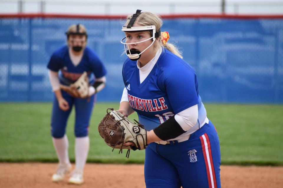 Martinsville's Karssen Pruitt prepares to throw a pitch during the Artesians' game with Roncalli on April 28, 2022.