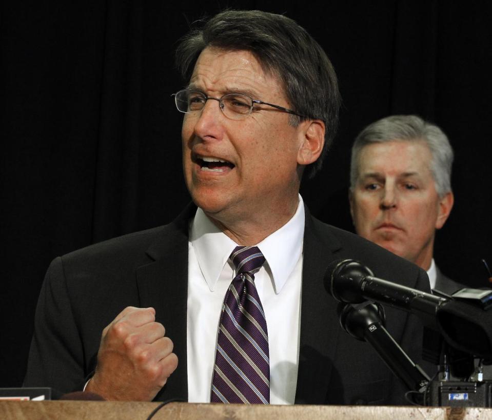 Governor-elect Pat McCrory speaks during his first press conference at the Albemarle Building in Raleigh, N.C. Thursday Nov. 8, 2012. McCrory traveled to Raleigh on Thursday to set up his transition office and hold his first press conference. (AP Photo/The News & Observer,Chuck Liddy )