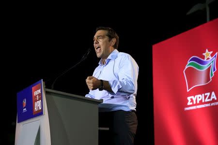 Former Greek Prime Minister and leader of leftist Syriza party Alexis Tsipras delivers a speech during a pre-election rally in the western suburb of Egaleo, in Athens, Greece, September 3, 2015. REUTERS/Alkis Konstantinidis