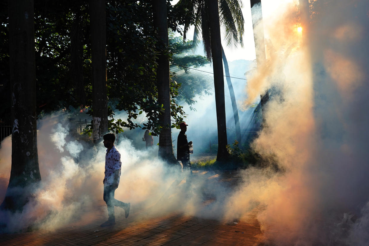 People walk through the fumes after a worker sprays pesticide to kill mosquitoes at a public park in Dhaka, Bangladesh, on July 14, 2021. (Sultan Mahmud Mukut / SOPA Images/Sipa USA via AP file)