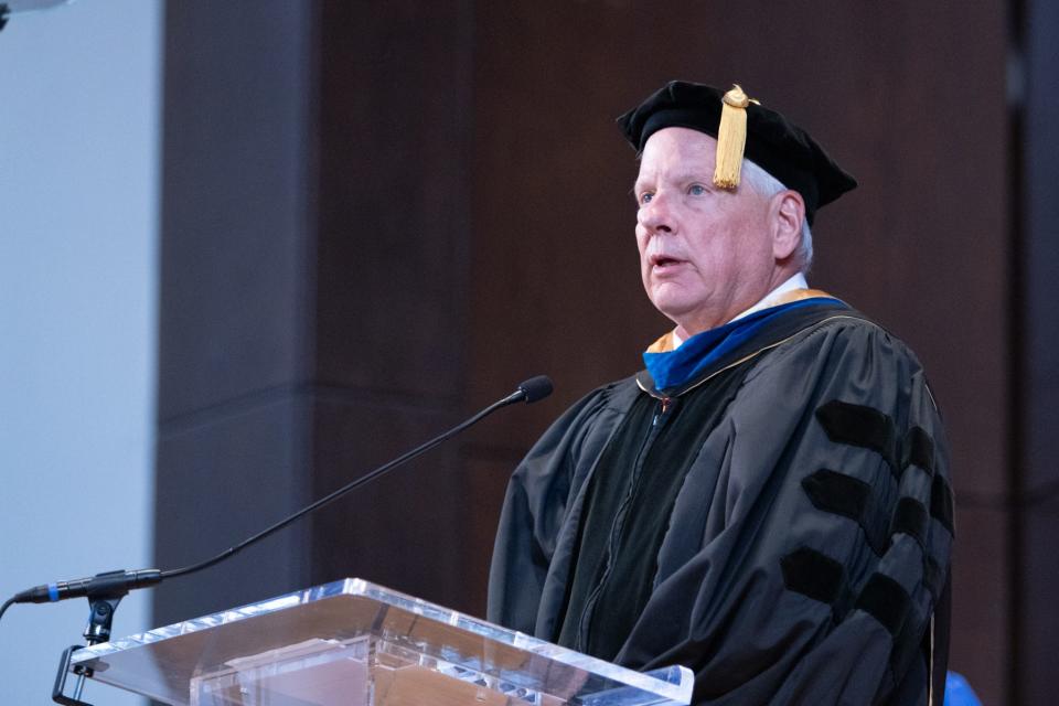Scott Angle, the University of Florida's Vice President for Agriculture and Natural Resources, closes out the inauguration ceremony of Ben Sasse, the 13th president of the University of Florida. Sasse was inaugurated on Nov. 2, 2023, at the university auditorium in Gainesville Fla.