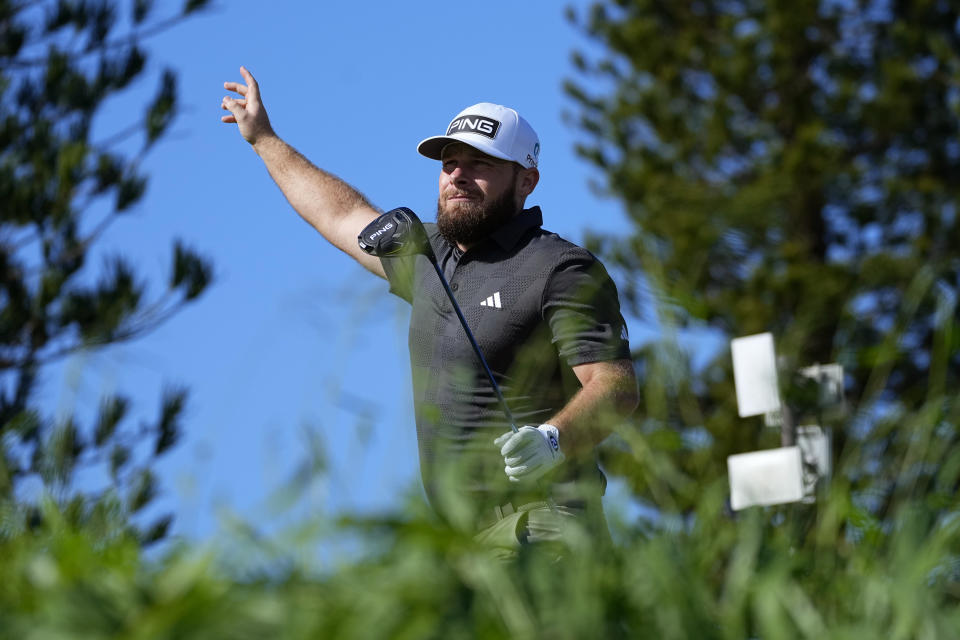 Tyrrell Hatton hits from the third tee during the third round of The Sentry golf event, Saturday, Jan. 6, 2024, at Kapalua Plantation Course in Kapalua, Hawaii. (AP Photo/Matt York)