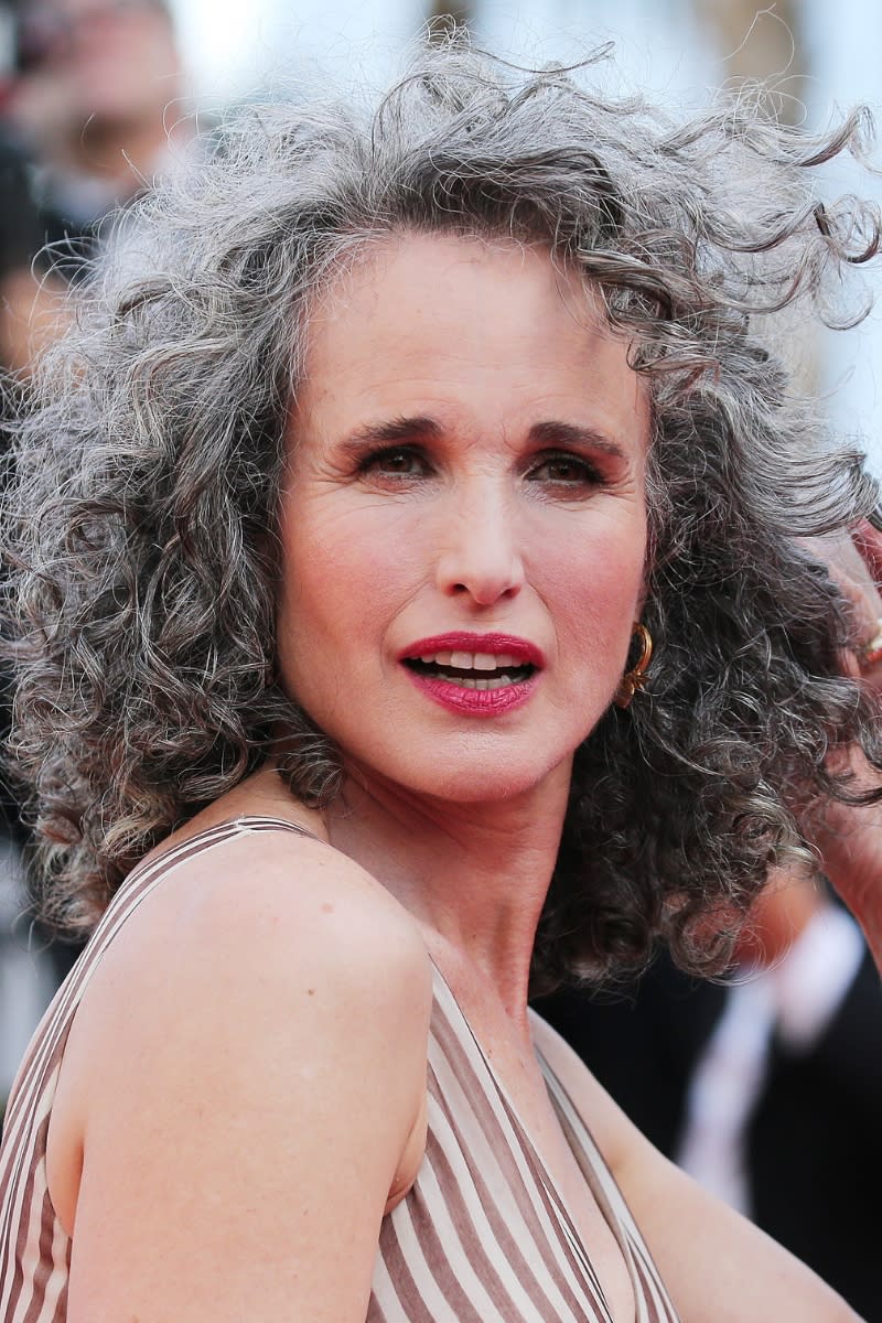 Andie MacDowell is pictured with grey hair whilst attending the screening of 